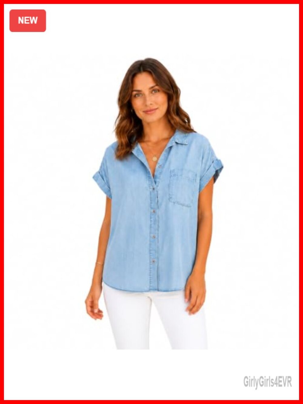 Lazutom Women's Short Sleeve Chambray Button Down Shirt Loose Casual Summer Top